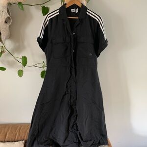 adidas Black Short-Sleeve Utility Shirt Dress with White Stripes